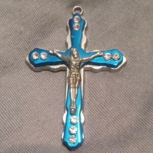 Blue and Silver Cross Crucifix with Shiny Crystals Metallic Finish Necklace